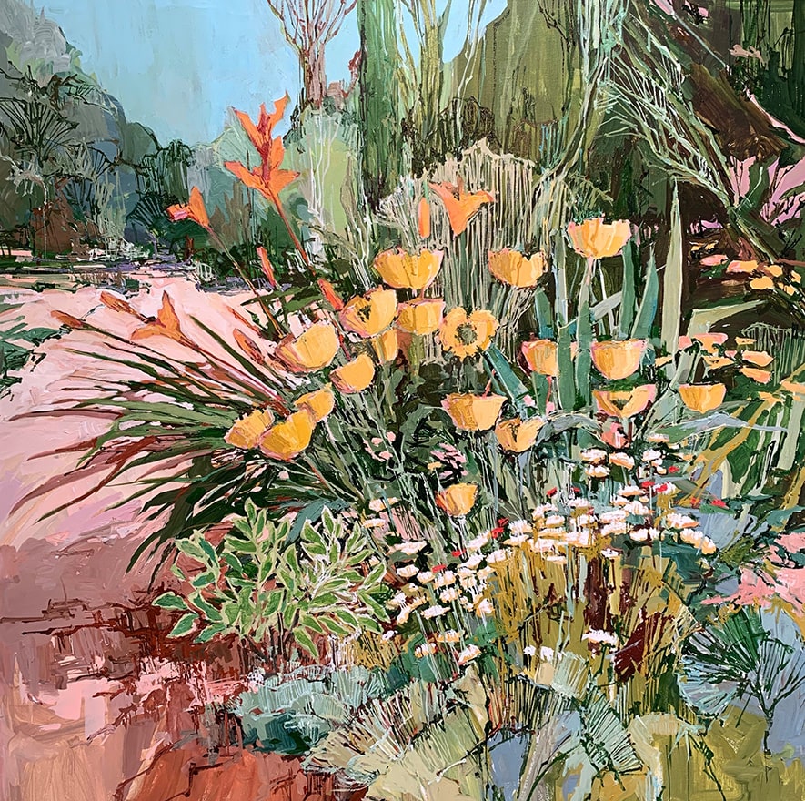 (1651) Naples Poppies in the Side Garden, 36 x 36, Acrylic on linen, $ 5500. (c) Douglas E. Atwill All Rights Reserved