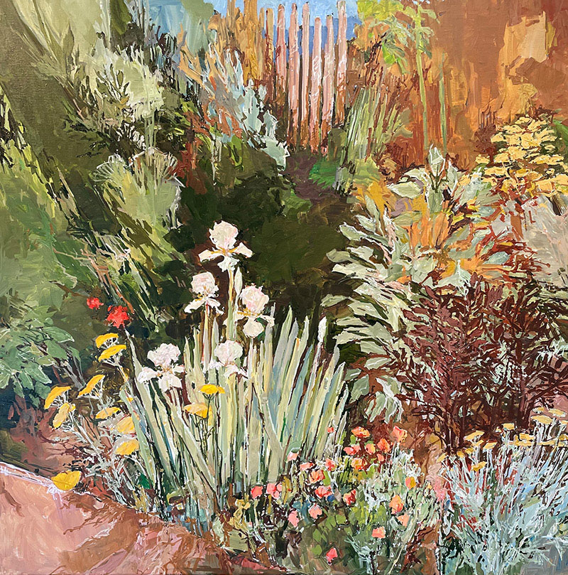 Doug Atwill NM garden painting White Iris in Front Garden