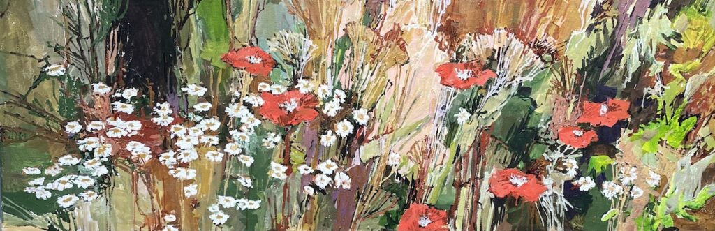 Doug Atwill garden paintings Poppies on Brick Wall